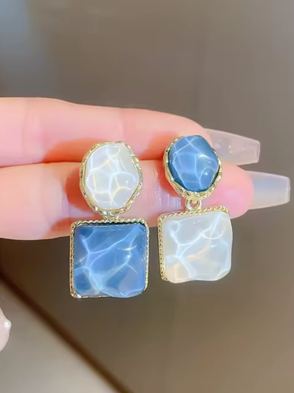 Vitage Gold-Trim Blue & white Cream Marble Geometric Drop Earrings - Picture 2 of 4